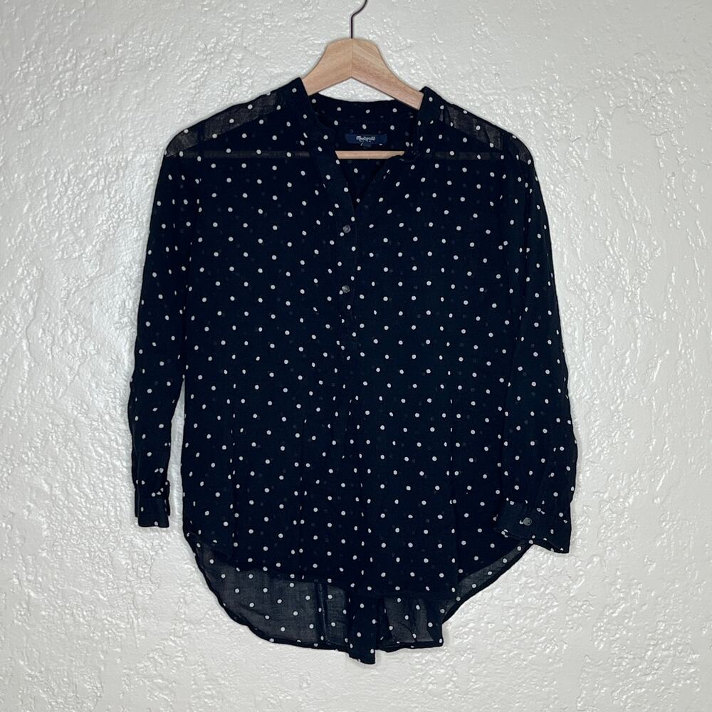 Madewell Womens' Polka Dot Shirred Popover Button Shirt Black White Size Small - Picture 2 of 8